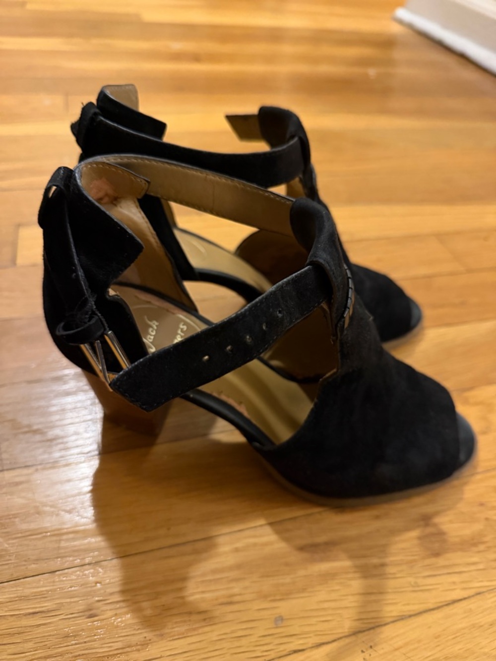 Jack Rogers Black Suede Peep-Toe Heels with Ankle Strap